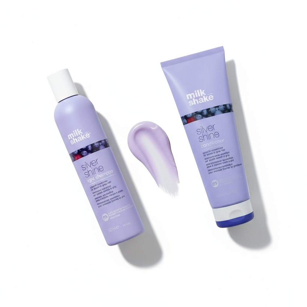 Milkshake Silver Shine Light Duo gift set with purple shampoo and conditioner bottles on white background