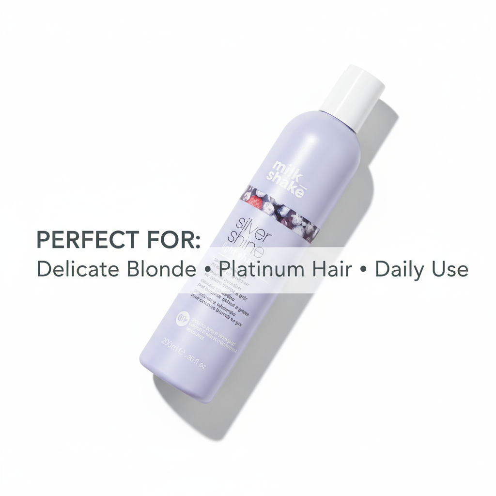 Milkshake Silver Shine light Shampoo in a lavender bottle for delicate blonde and platinum hair