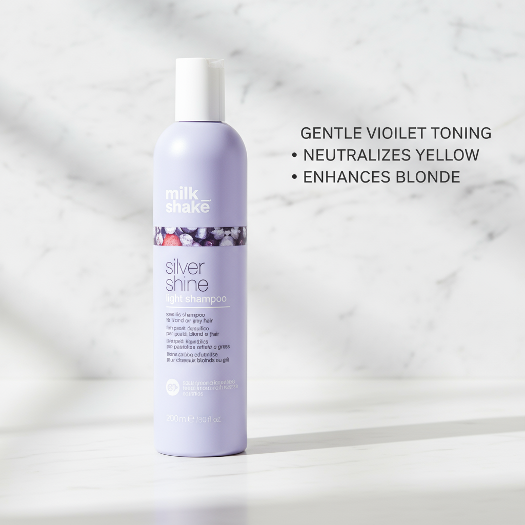 Milkshake Silver Shine light Shampoo bottle with gentle violet toning for neutralizing yellow and enhancing blonde hair