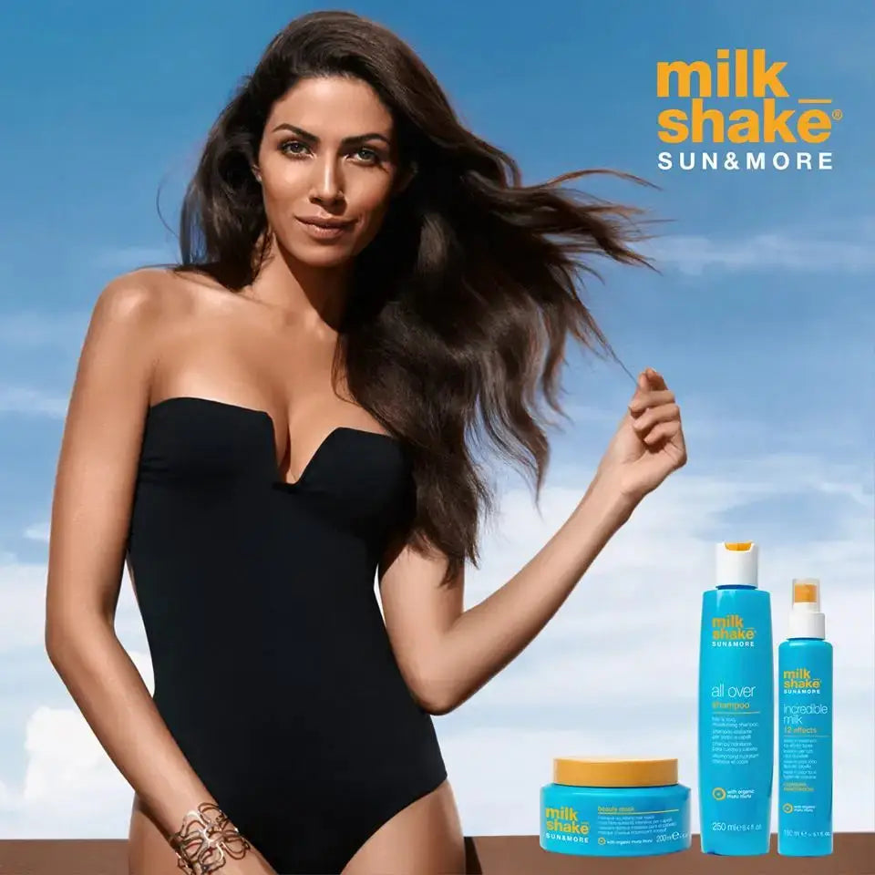 Milkshake Sun & More: Sun protection haircare ad with model. Hair products by Milkshake brand for healthy sun-kissed hair.