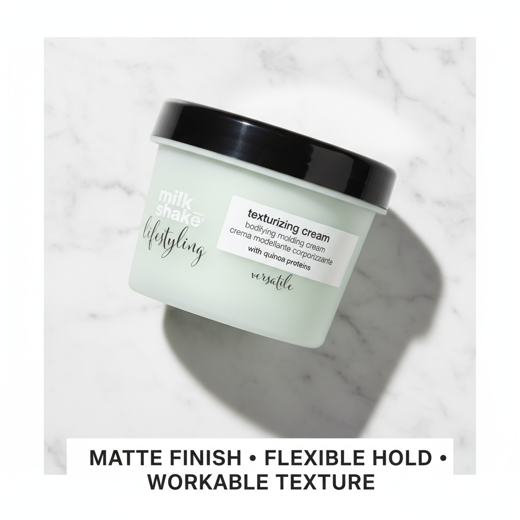Milkshake Texturizing Cream 100ml in a light green jar with black lid for flexible hold and matte finish