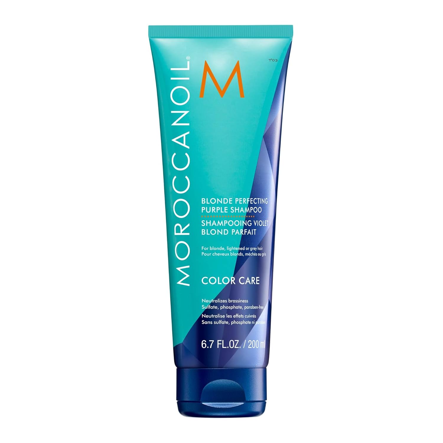 Moroccanoil Blonde Perfecting Purple Shampoo 200ml eliminates brassiness and enhances blonde hair brilliance.