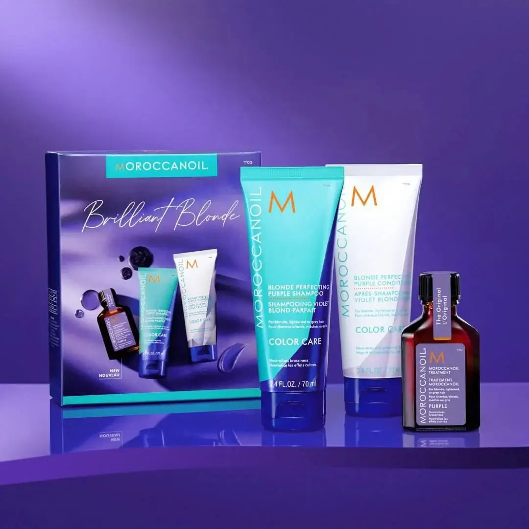 Moroccanoil Brilliant Blonde Trio: Purple Shampoo, Conditioner & Treatment Set