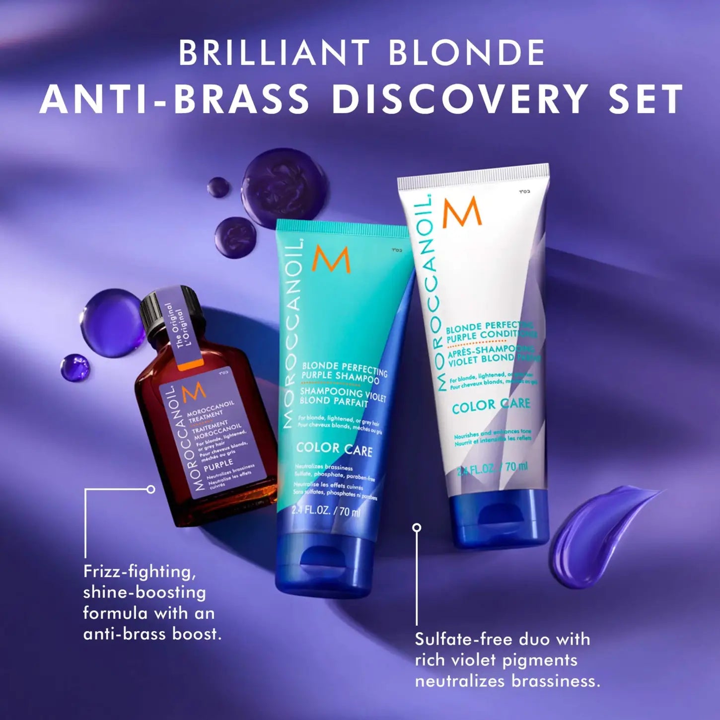 Moroccanoil Brilliant Blonde Anti-Brass Set: Purple Shampoo, Conditioner, & Treatment. For Blonde, Highlighted, & Grey Hair.