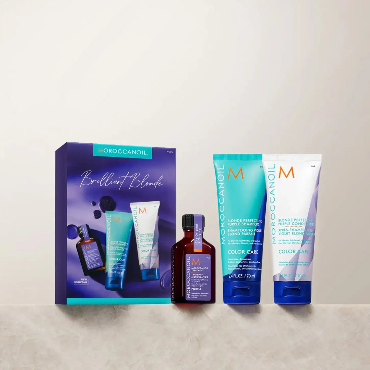 Moroccanoil Brilliant Blonde Travel Set: Purple Shampoo, Conditioner & Hair Treatment - For Blondes & Highlights