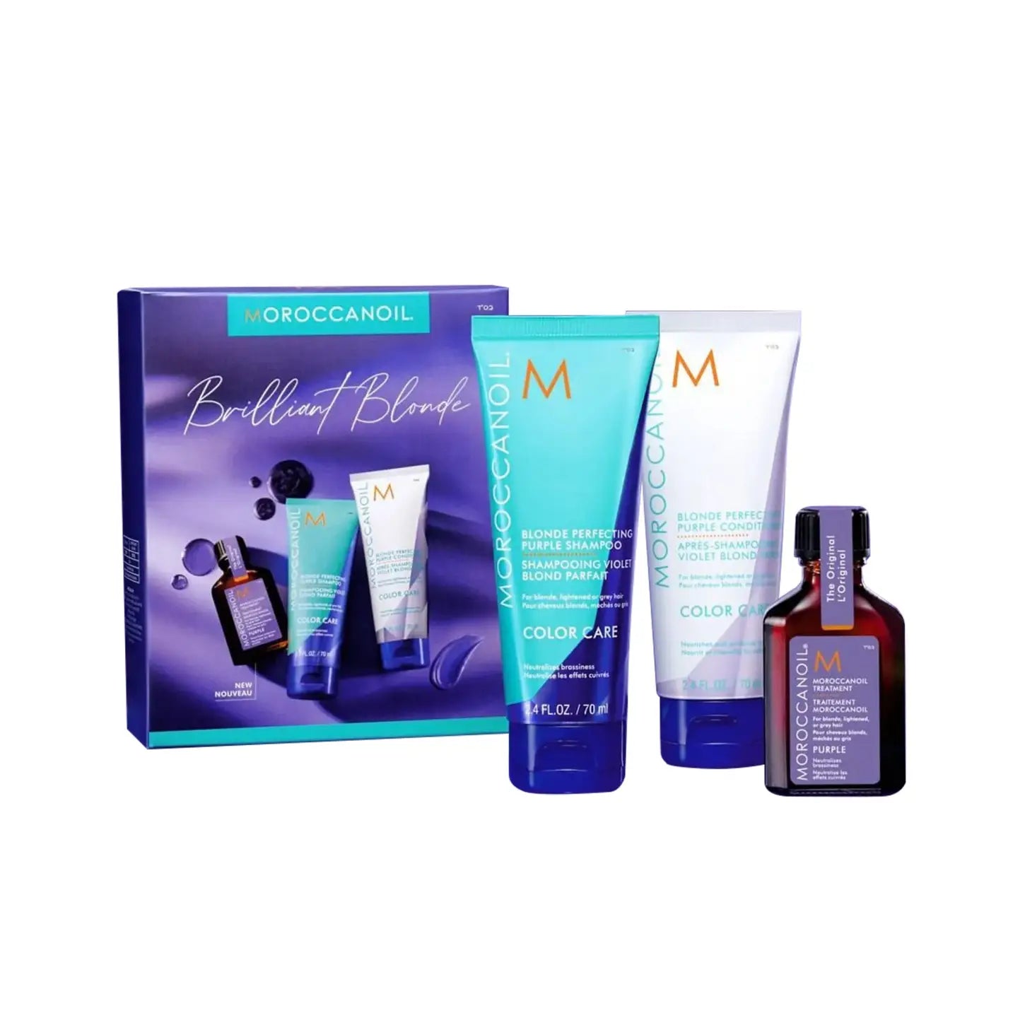 Moroccanoil Brilliant Blonde Travel Set: Purple Shampoo, Conditioner, Treatment - For Blonde Hair, Fight Brassiness!