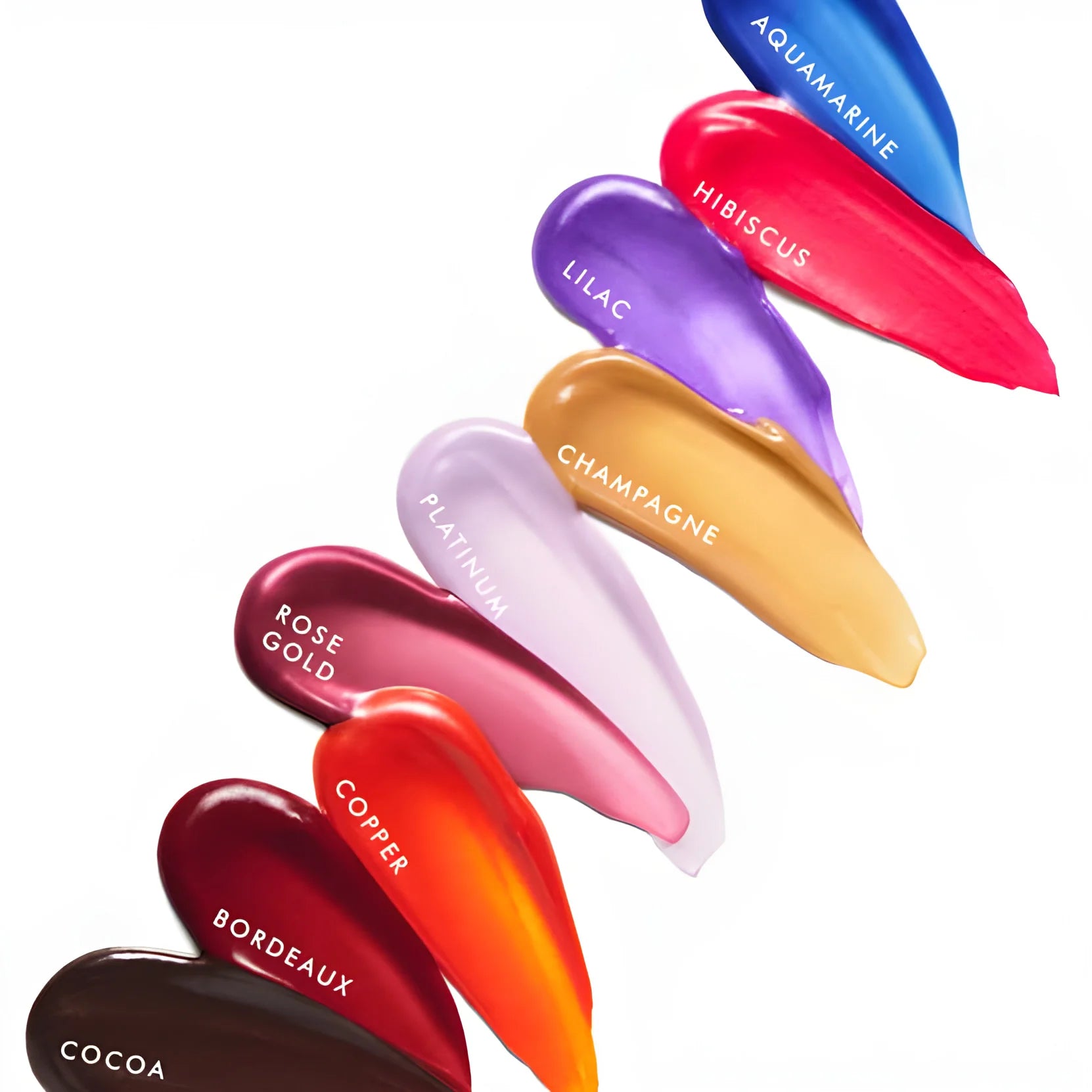 Moroccanoil Color Depositing Masks: Cocoa, Bordeaux, Copper, Rose Gold, Platinum, Champagne, Lilac, Hibiscus, Aquamarine Swatches.