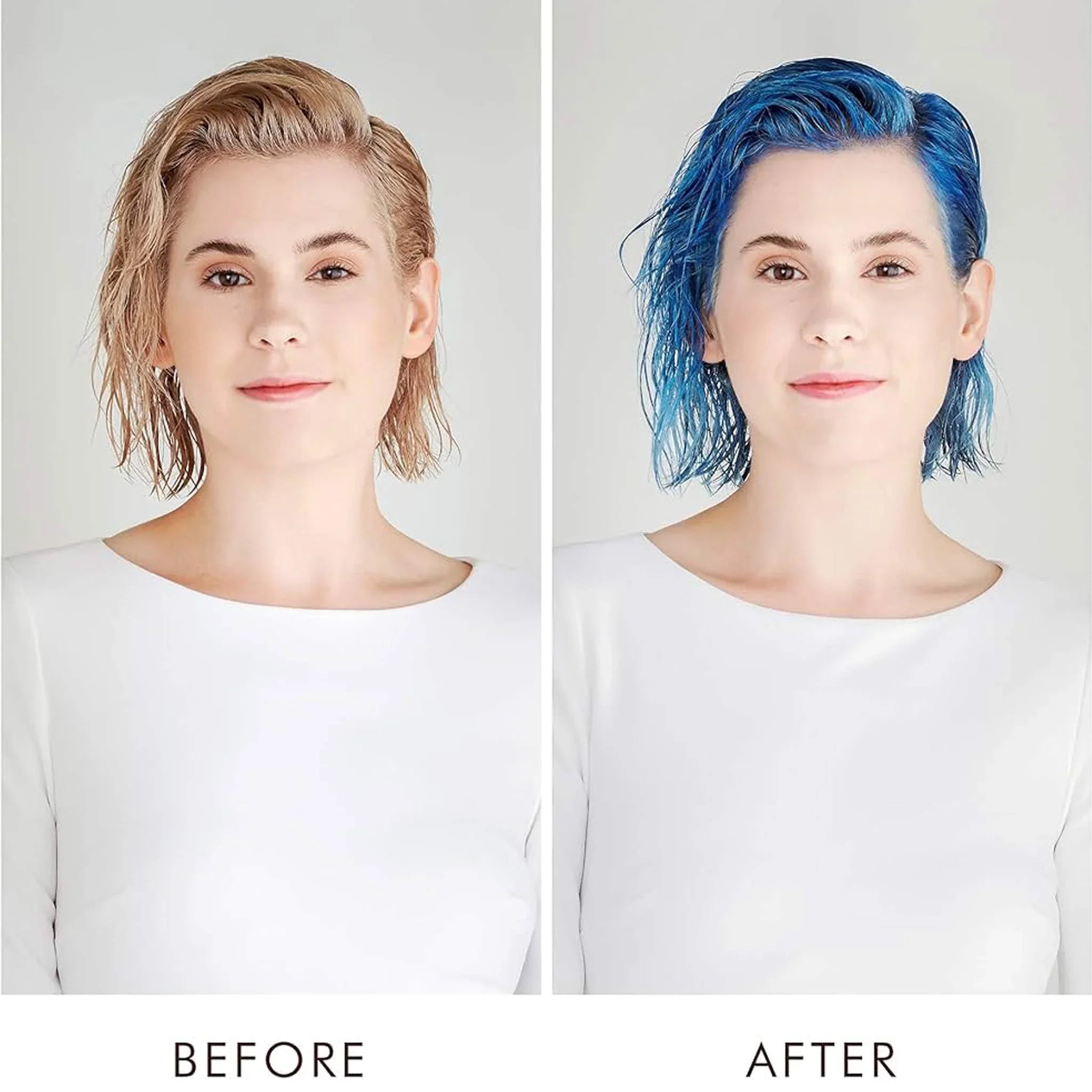 Side-by-side hair color change from blonde to vibrant blue using Moroccanoil Color Deposit Mask Aquamarine