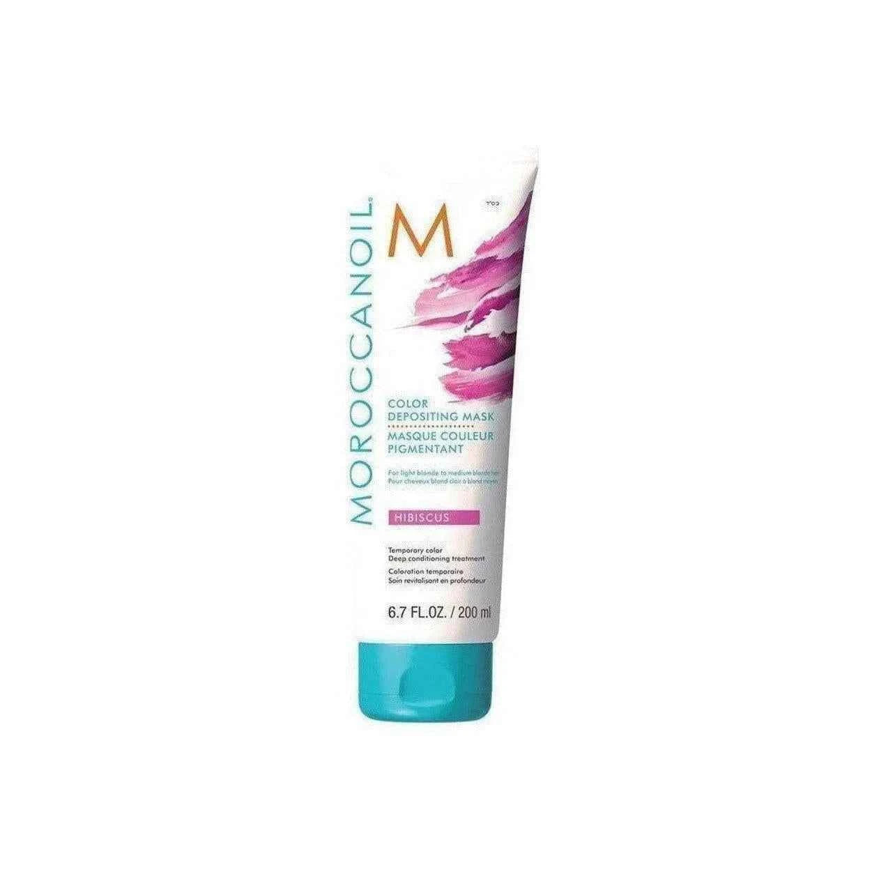 Moroccanoil Color Deposit Mask Hibiscus hair treatment in a 6.7 fl oz tube with pink floral design