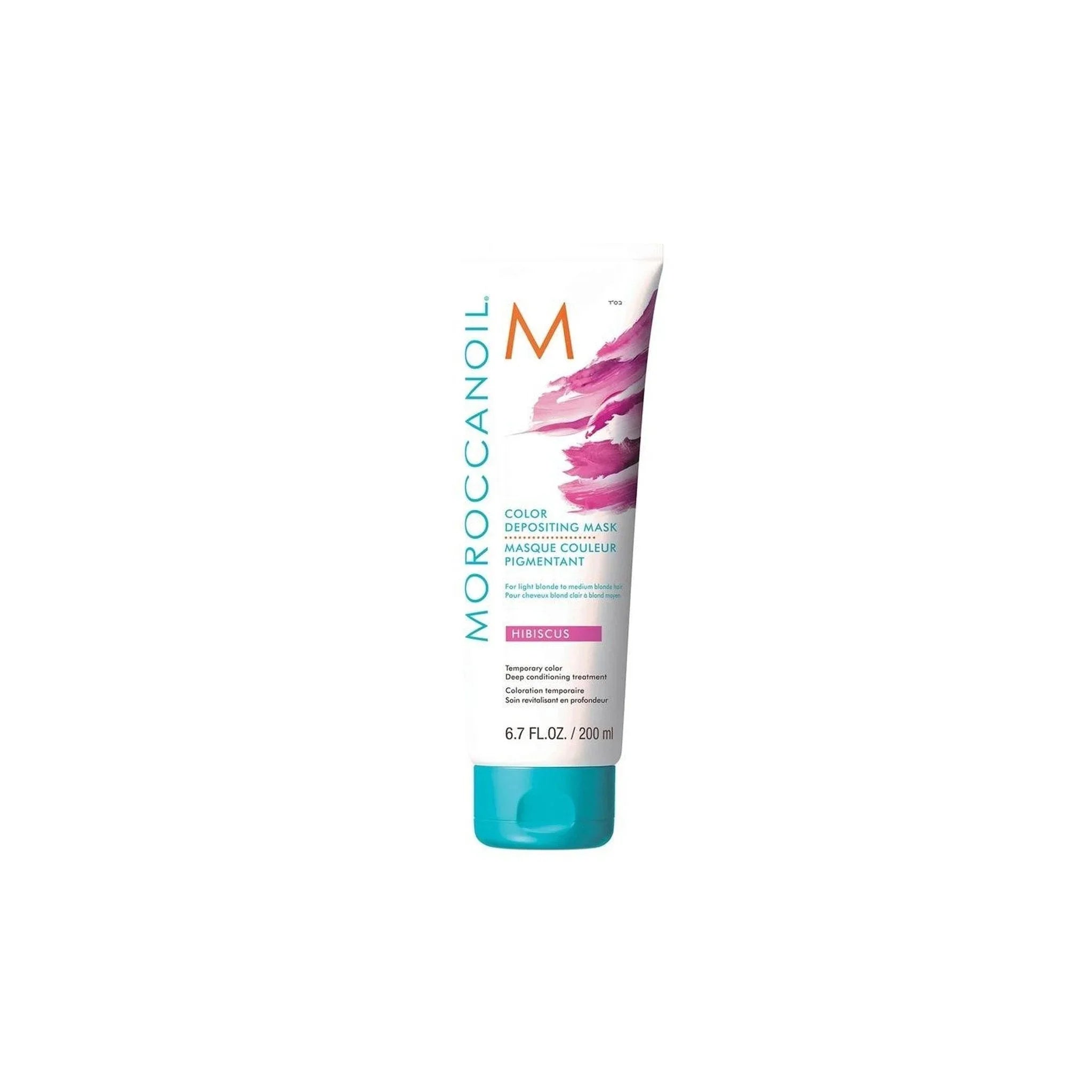 Moroccanoil Color Deposit Mask Hibiscus hair treatment tube with pink floral design and turquoise cap