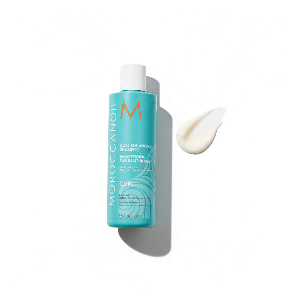 Moroccanoil curl enhancing shampoo bottle with cream texture for defined curls and hydration
