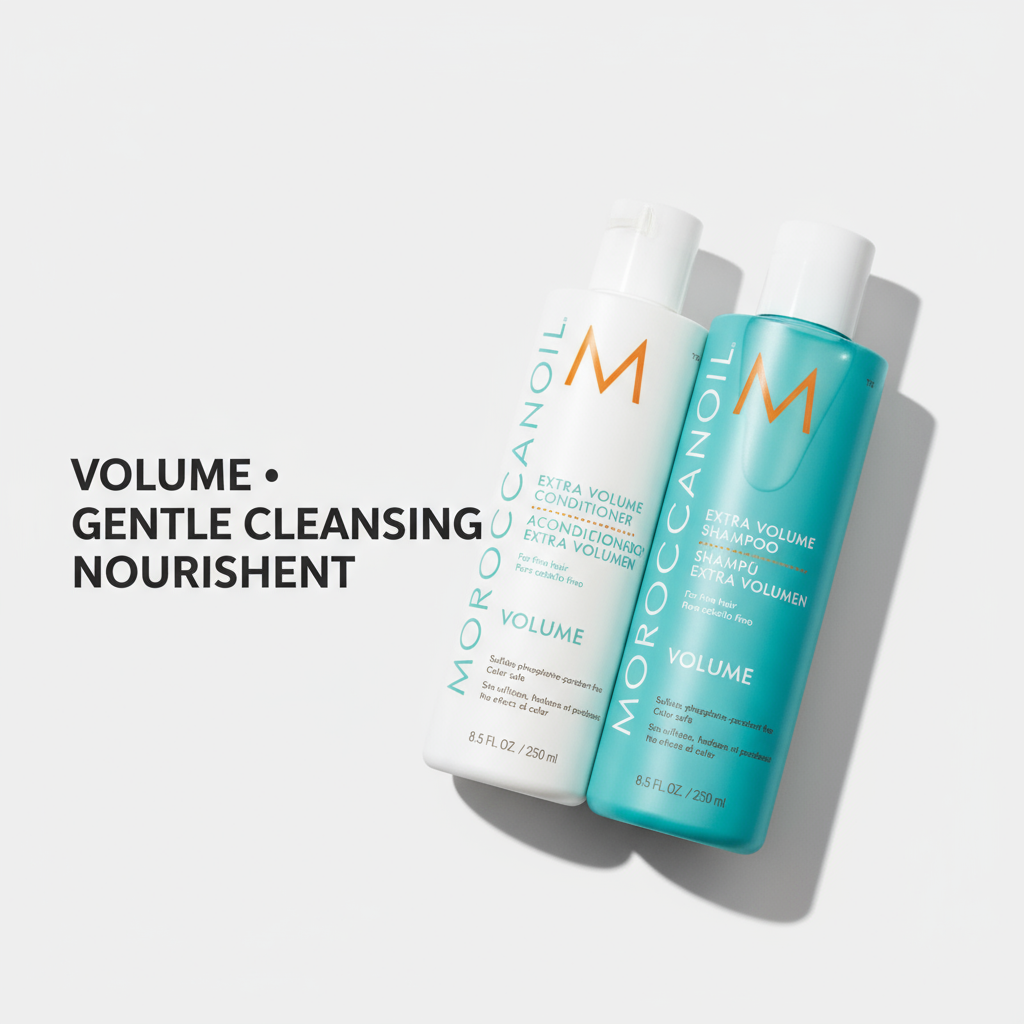 Moroccanoil Extra Volume Bundle with conditioner and shampoo bottles for gentle cleansing and volume