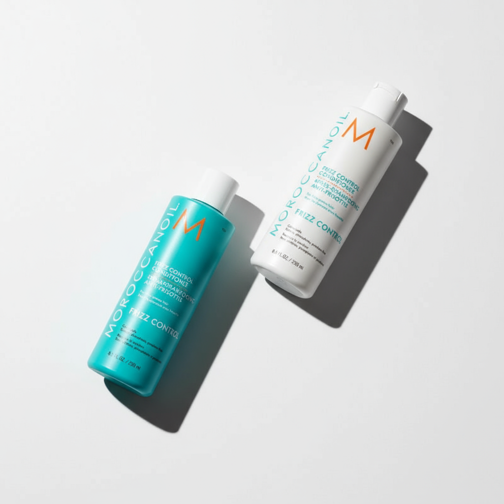 Moroccanoil frizz control bundle with turquoise and white bottles for hair smoothing