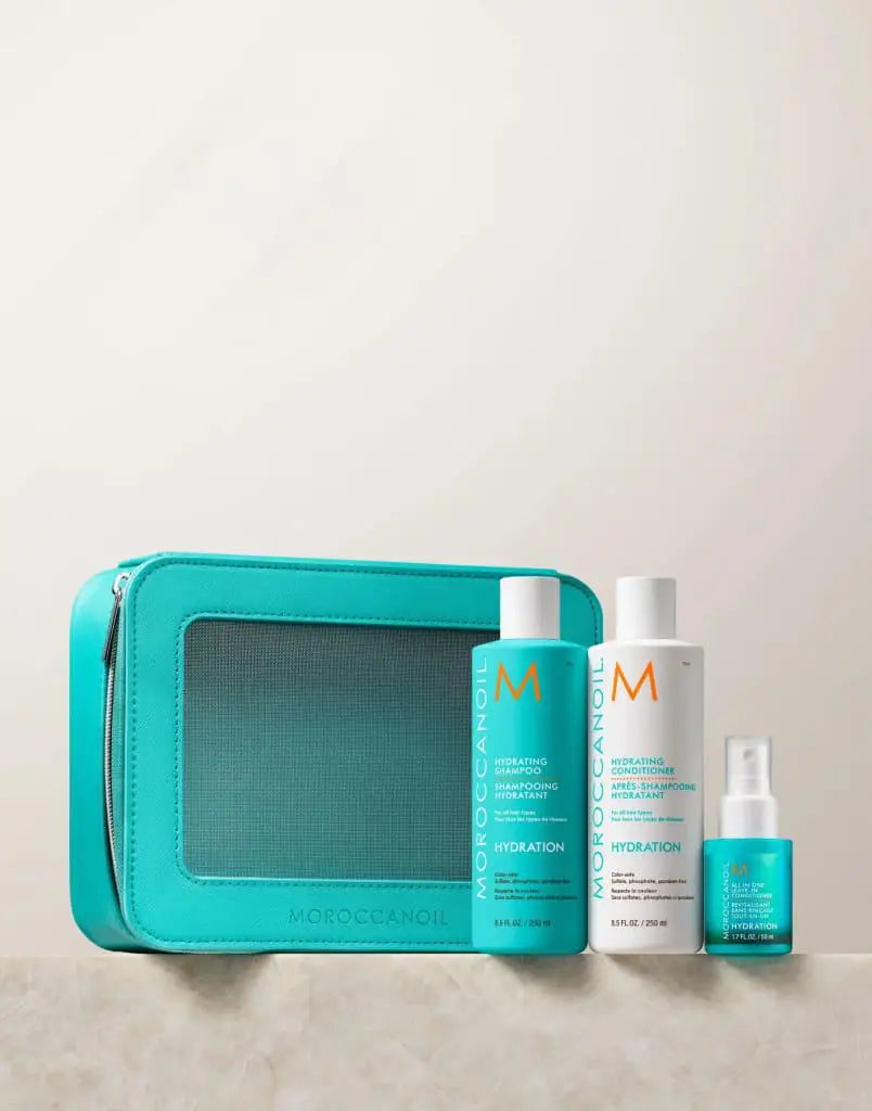 Moroccanoil Hydration Spring Set: Shampoo, Conditioner, Leave-In & Teal Bag. Hydrating Haircare Collection.