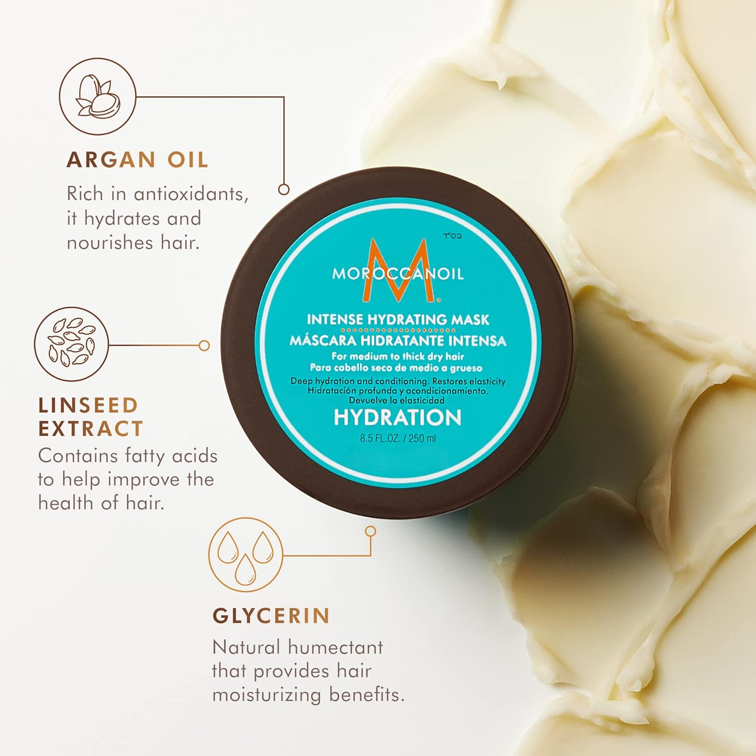 Moroccanoil Intense Hydrating Hair Mask 250ml revitalizes and deeply hydrates dry, damaged hair for a silky finish.