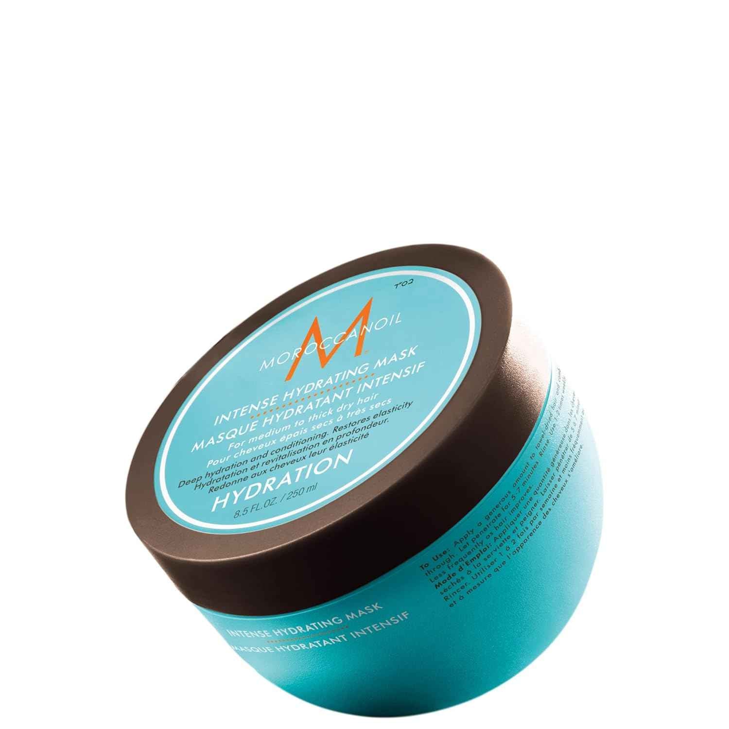 Moroccanoil intense hydrating hair mask in turquoise jar with black lid for deep hydration