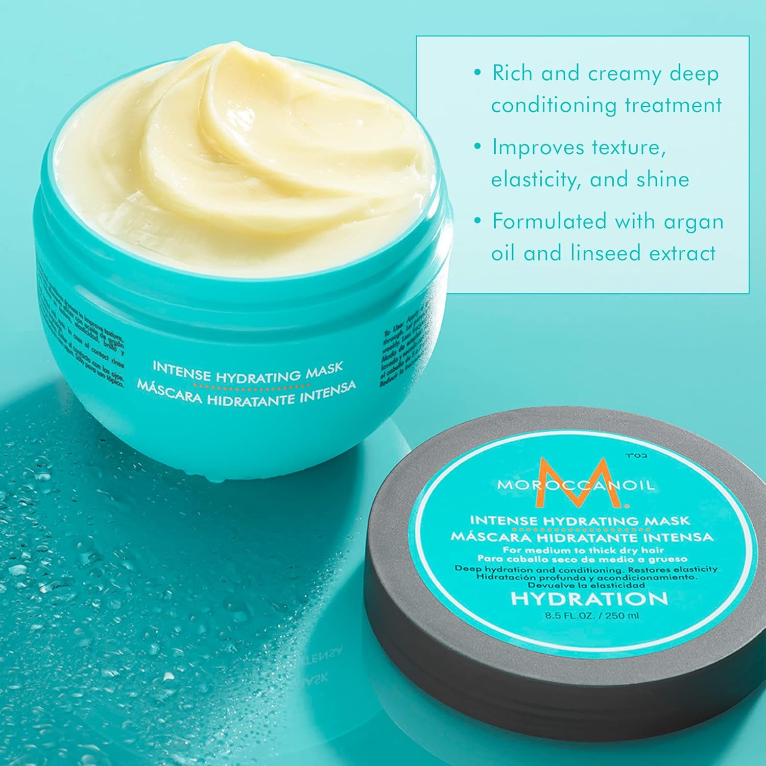 Moroccanoil intense hydrating hair mask in turquoise jar with creamy texture and hydration benefits