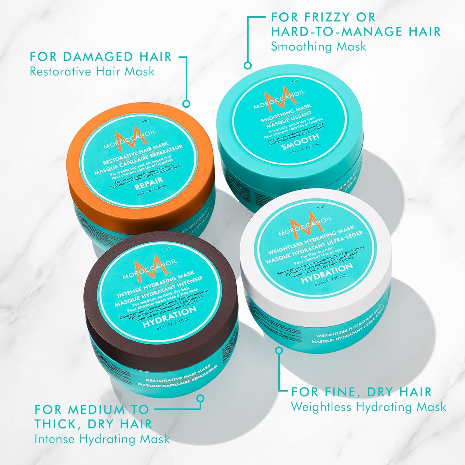 Moroccanoil intense hydrating hair mask in a turquoise jar with brown lid for medium to thick dry hair