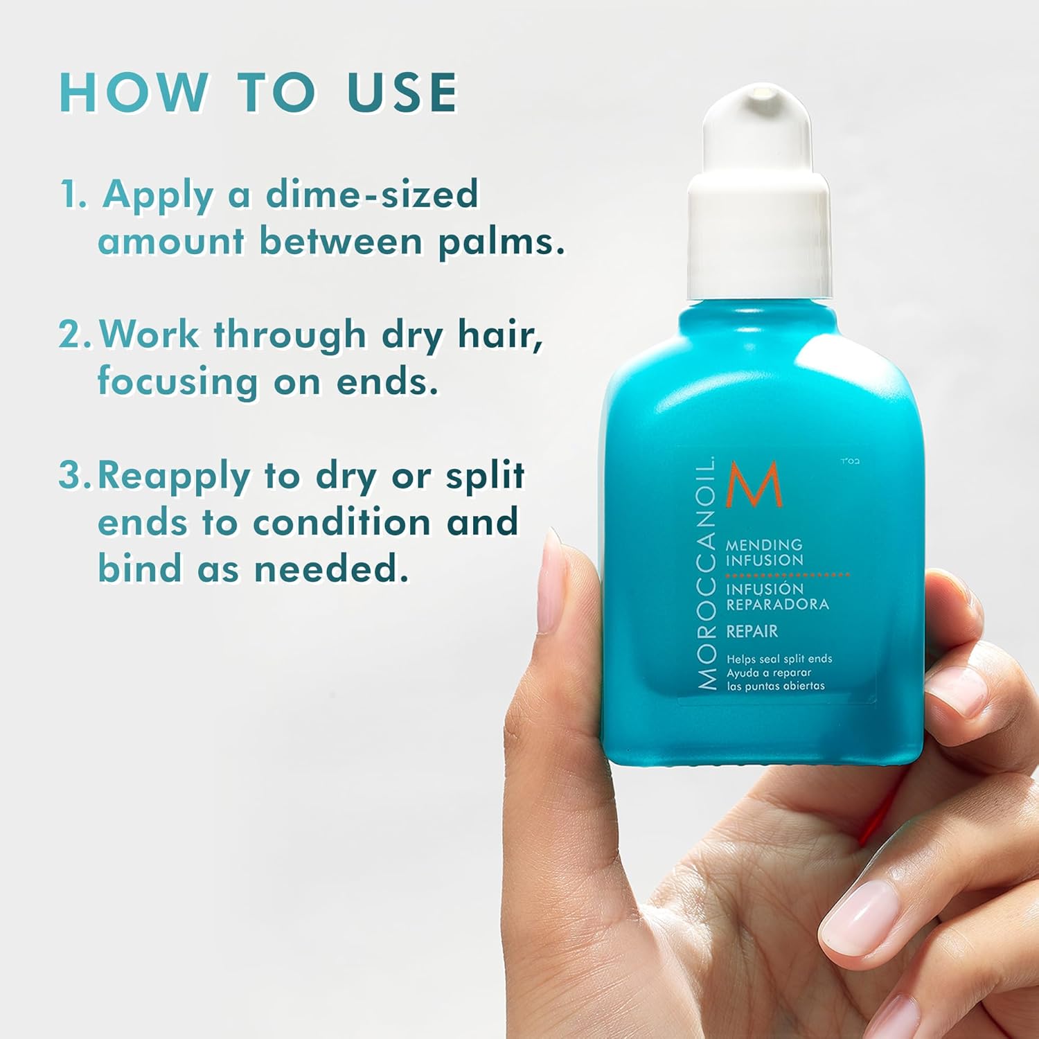 Moroccanoil Mending Infusion Styling Hair Serum in a blue bottle for repairing split ends and enhancing hair health.