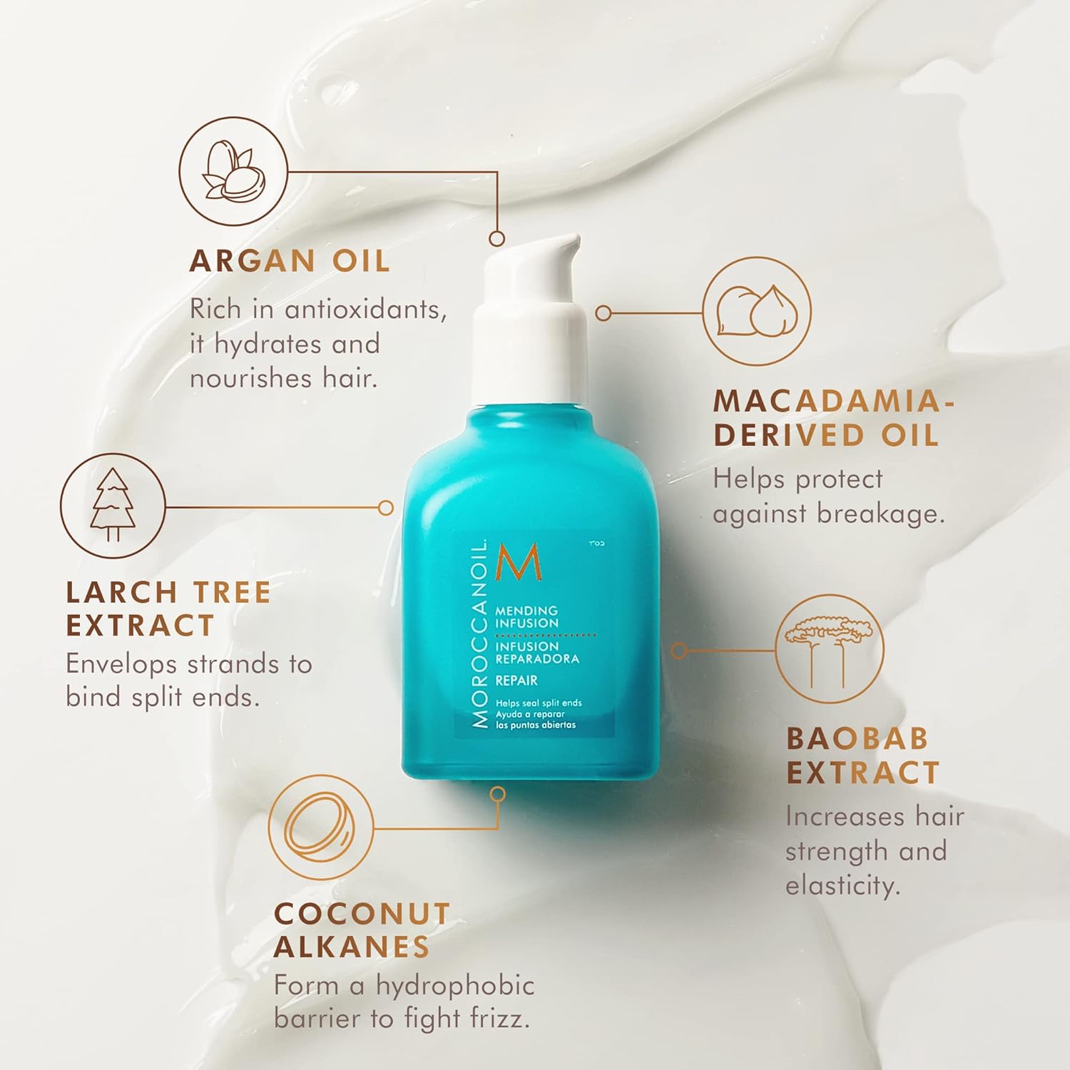 Moroccanoil Mending Infusion Styling Hair Serum revitalizes and repairs split ends for healthier-looking hair.