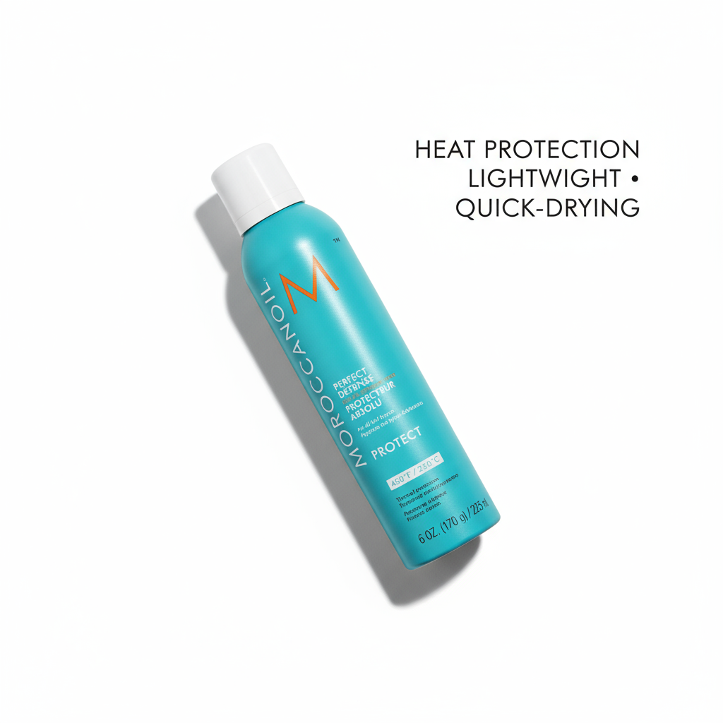 Moroccanoil Perfect Defense heat protectant spray bottle for lightweight quick-drying heat protection