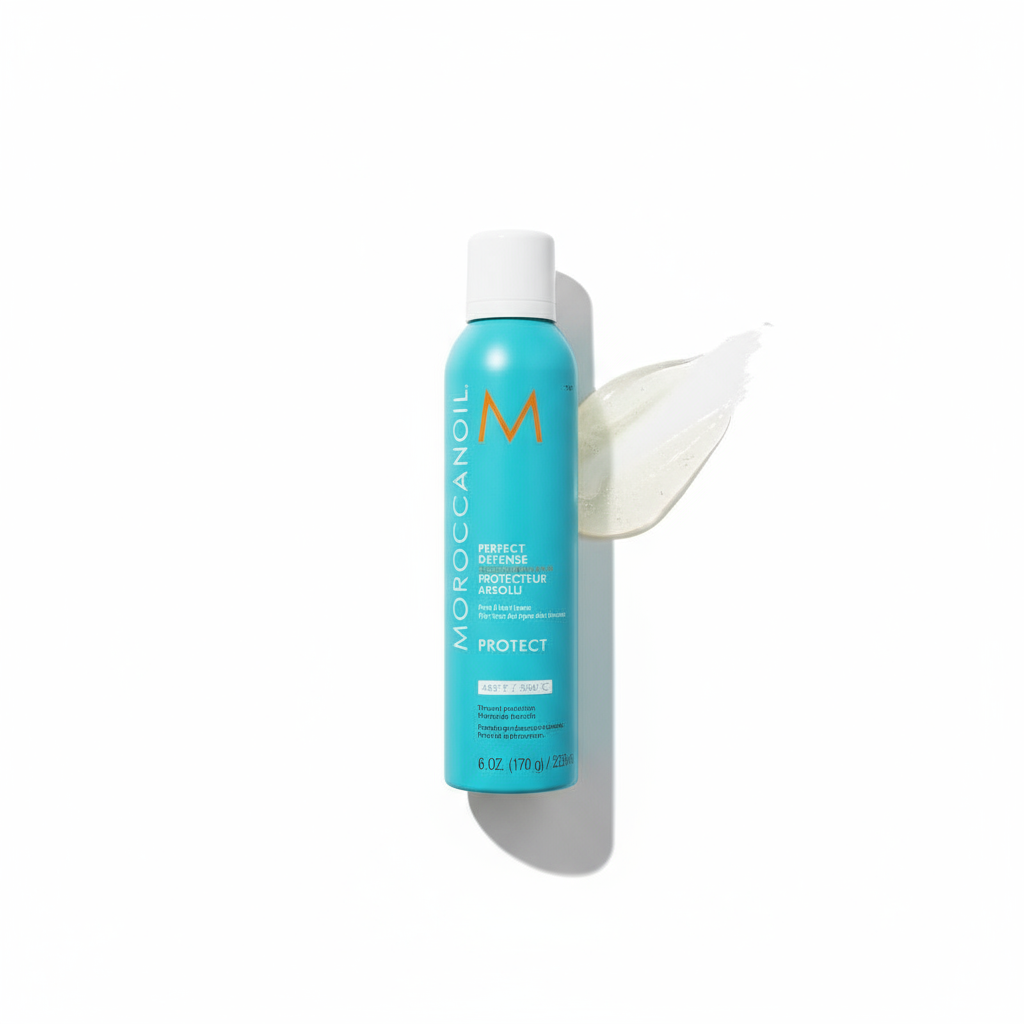 Moroccanoil Perfect Defense heat protectant in blue bottle with white cap and cream swatch