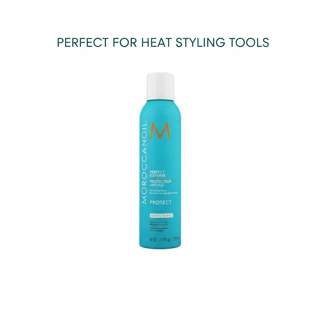 Moroccanoil Perfect Defense heat protectant in blue spray bottle for heat styling tools