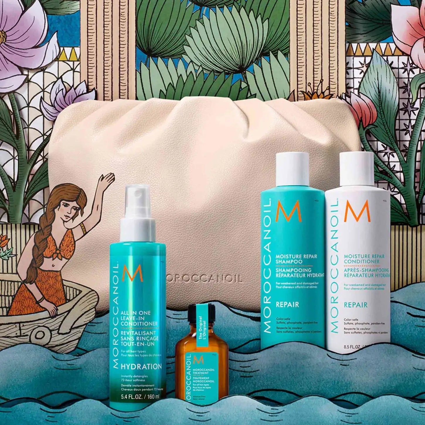 Moroccanoil Repair Holiday Gift Set: Shampoo, Conditioner, Treatment & Leave-In. Premium hair care products.