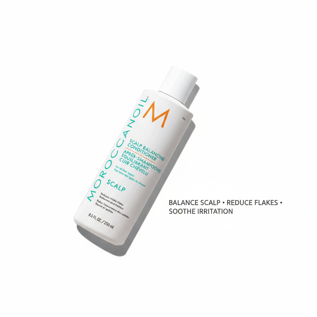 Moroccanoil scalp balancing conditioner bottle with white and turquoise packaging for soothing scalp