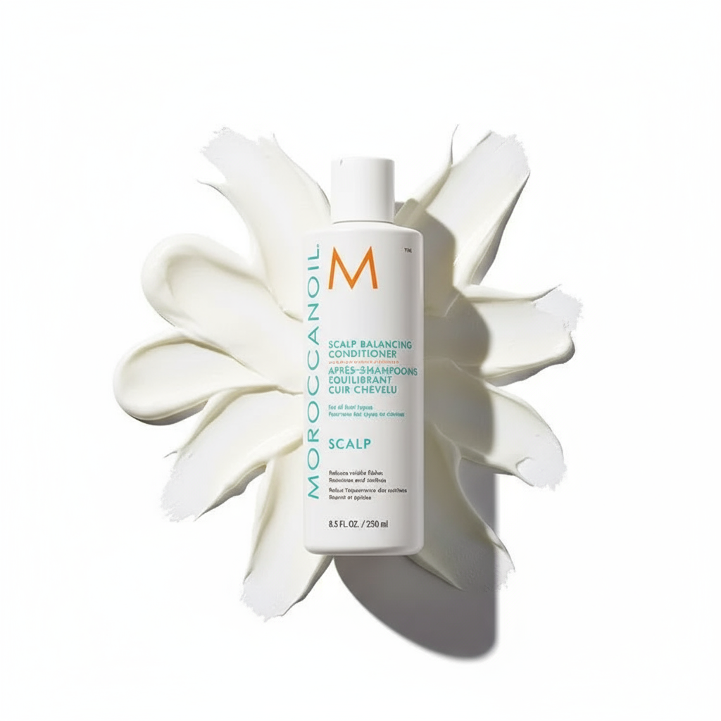 Moroccanoil scalp balancing conditioner bottle on white cream swirl background for scalp care