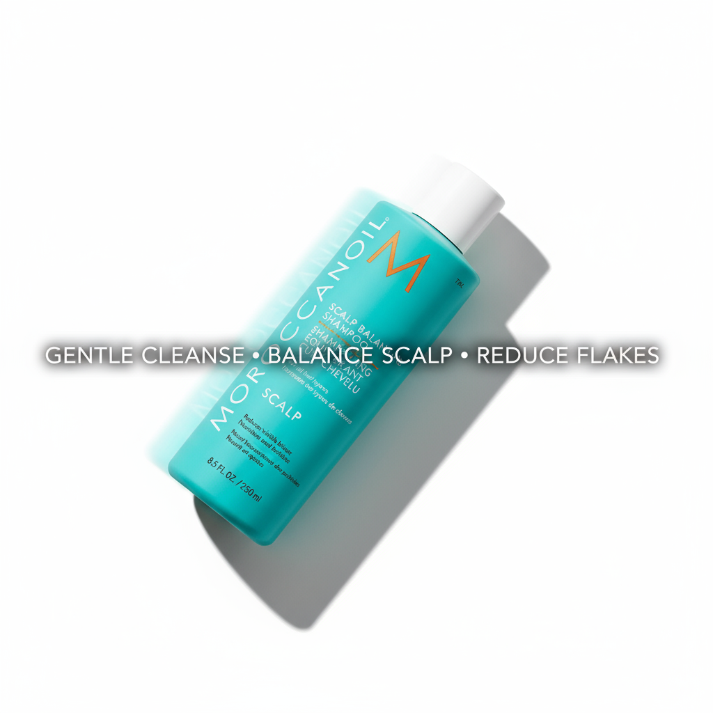 Moroccanoil scalp balancing shampoo in turquoise bottle for gentle cleanse and flake reduction