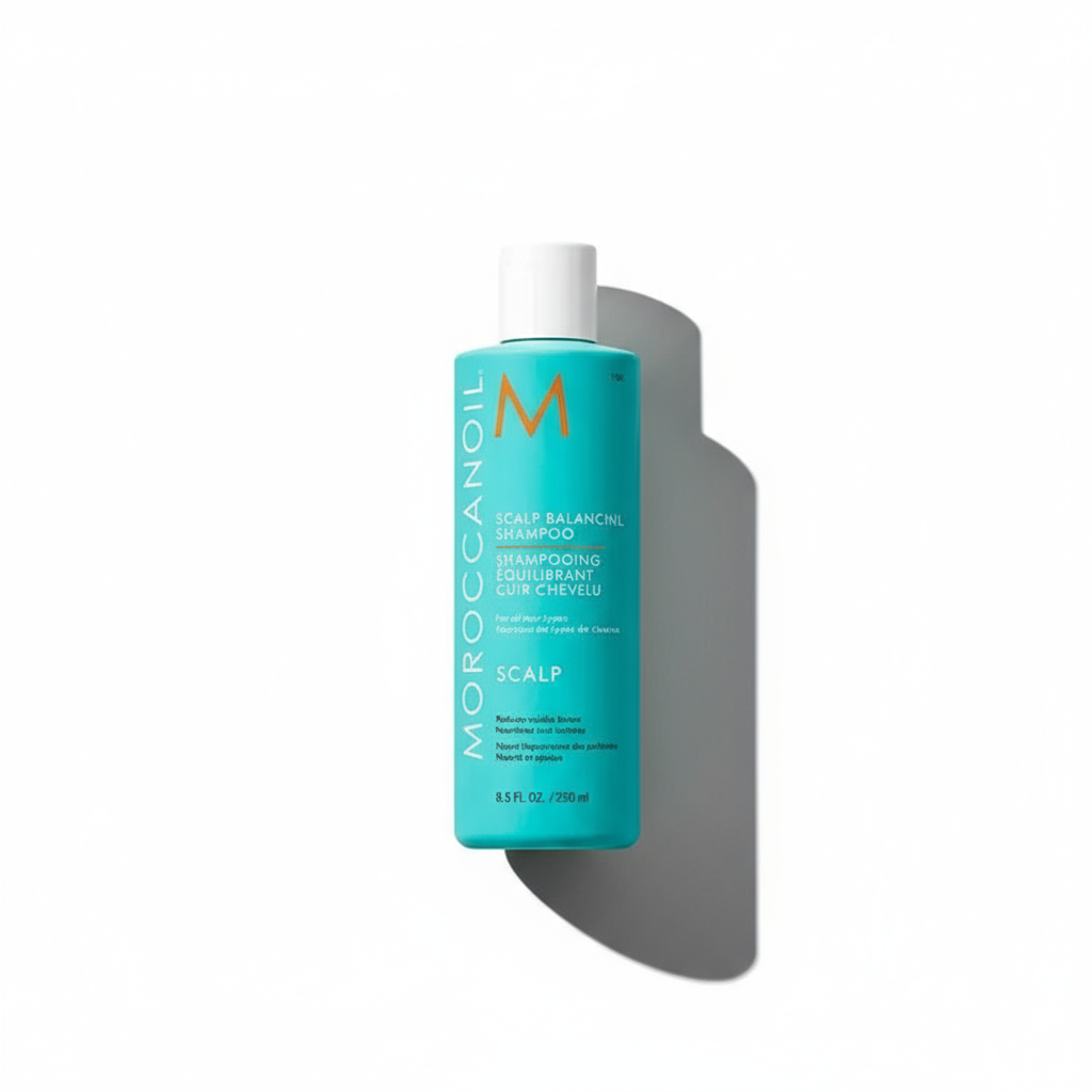 Moroccanoil scalp balancing shampoo bottle in turquoise with white cap for scalp care