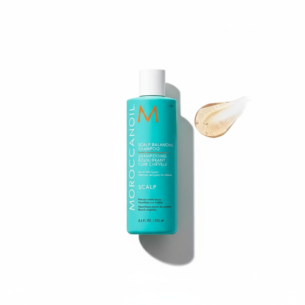 Moroccanoil scalp balancing shampoo in blue bottle with white cap and clear gel drop