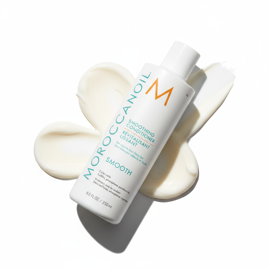 Moroccanoil smoothing conditioner bottle with cream texture on white background
