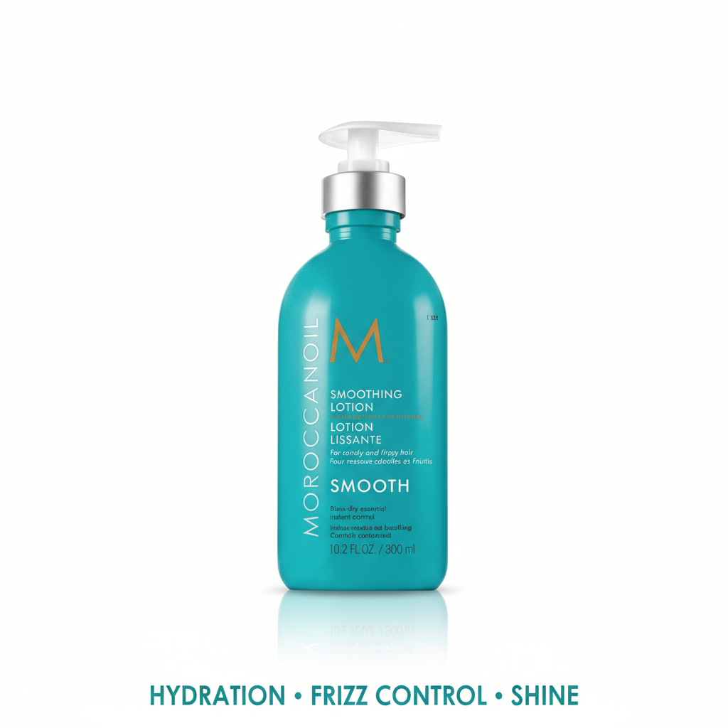 Moroccanoil Smoothing Lotion 300ml in turquoise pump bottle for hydration frizz control and shine