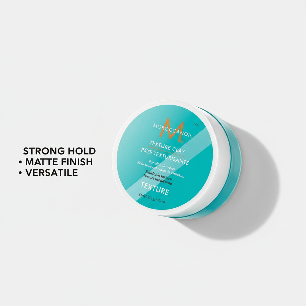 Moroccanoil Texture Clay styling aid in turquoise jar with strong hold matte finish and versatile use