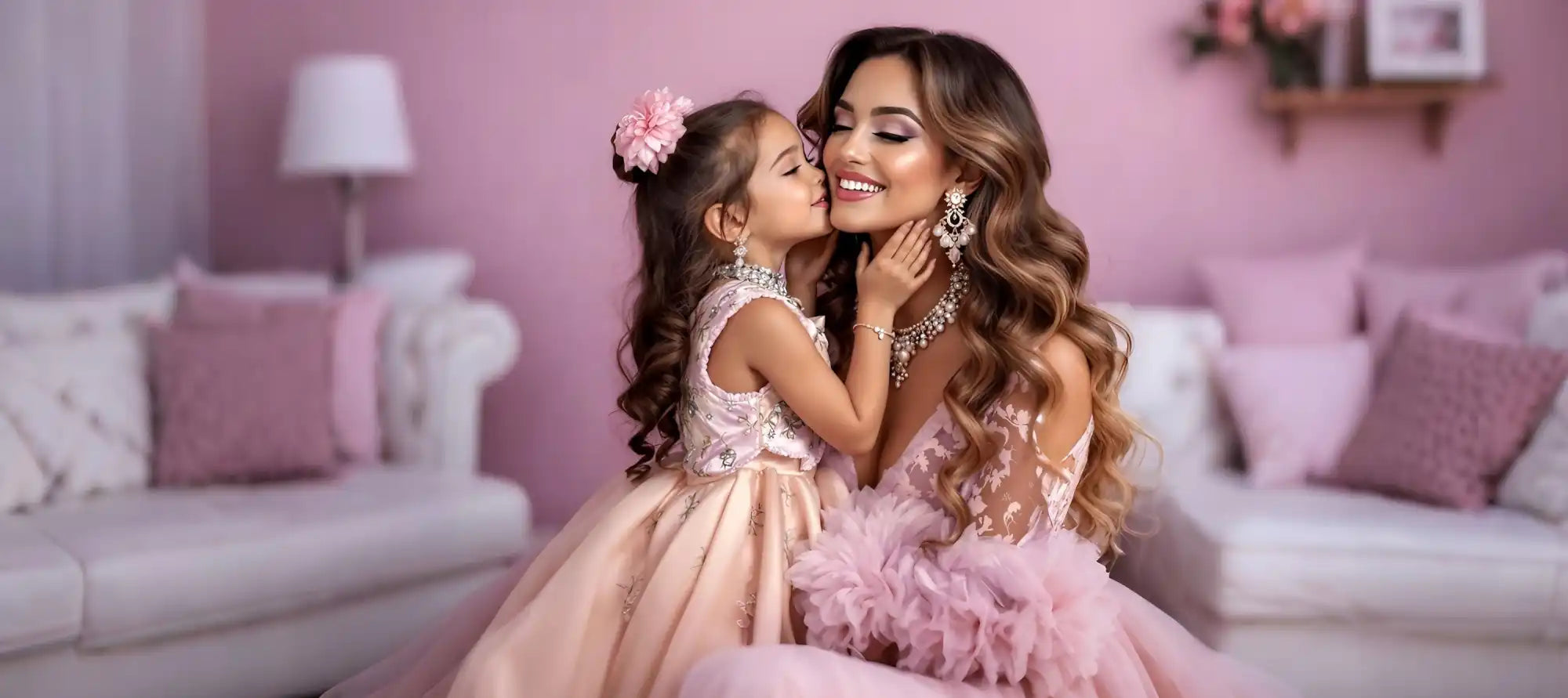 Mother and daughter in matching pink dresses.