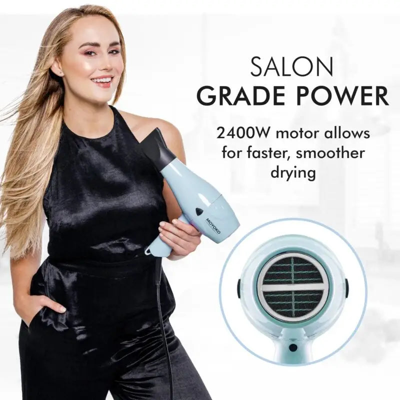 Moyoko E8 Blue Hair Dryer: Salon Grade 2400W Motor - Faster Drying, Reduced Frizz