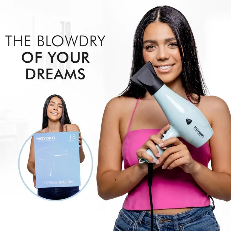 Moyoko E8 Blue Hairdryer: Smiling woman promoting fast drying hair styling tool.