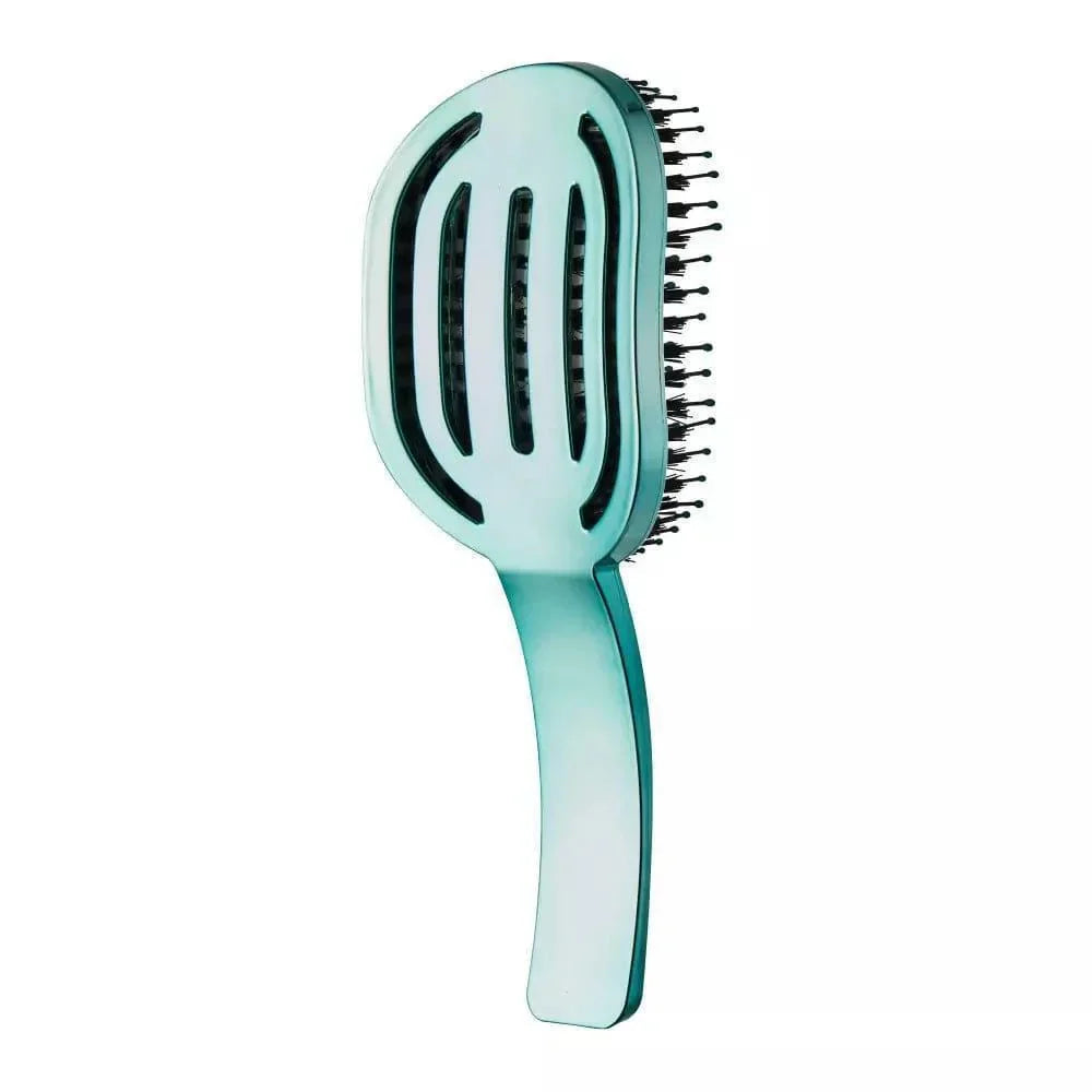 Moyoko Hailo Blue Chrome Detangling Brush. Mint green vented hair brush for smoothing and detangling all hair types.