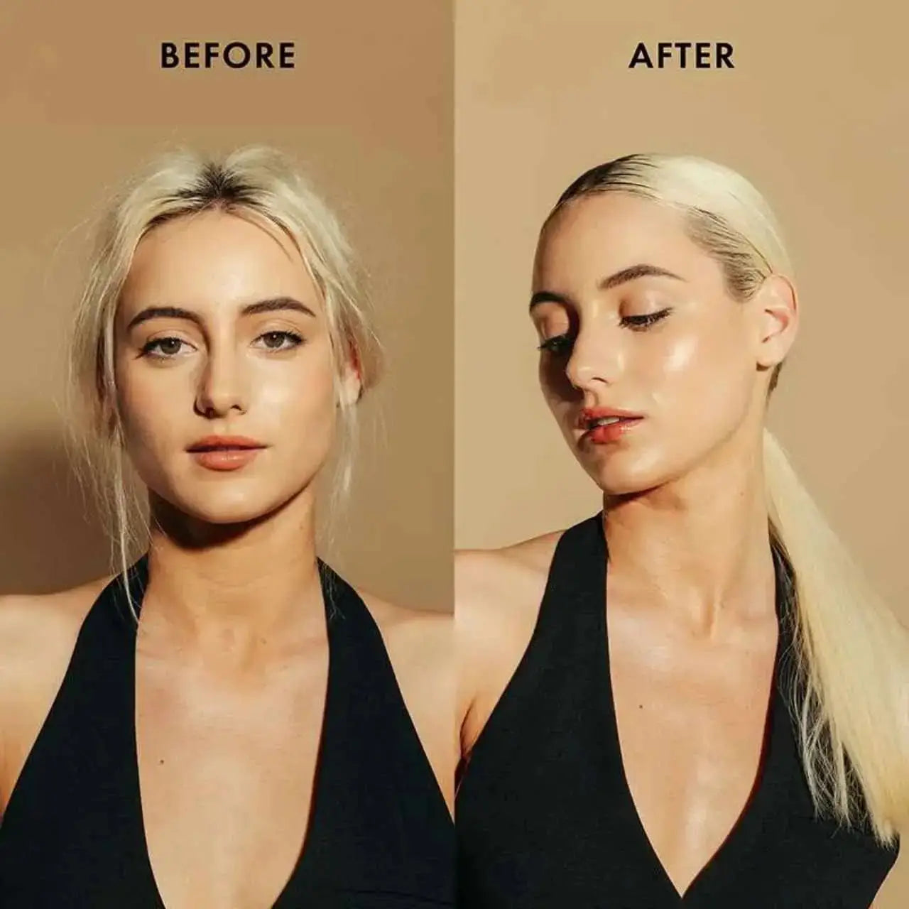 Sleek hair transformation: Hair wax stick before & after. Flyaway control, polished look. Best hair styling product for women.