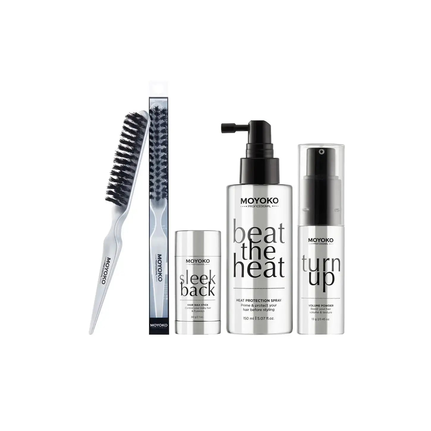 Moyoko Hair Styling Products Bundle: Heat Protection, Volume Powder, Wax Stick & Brush for professional hair care