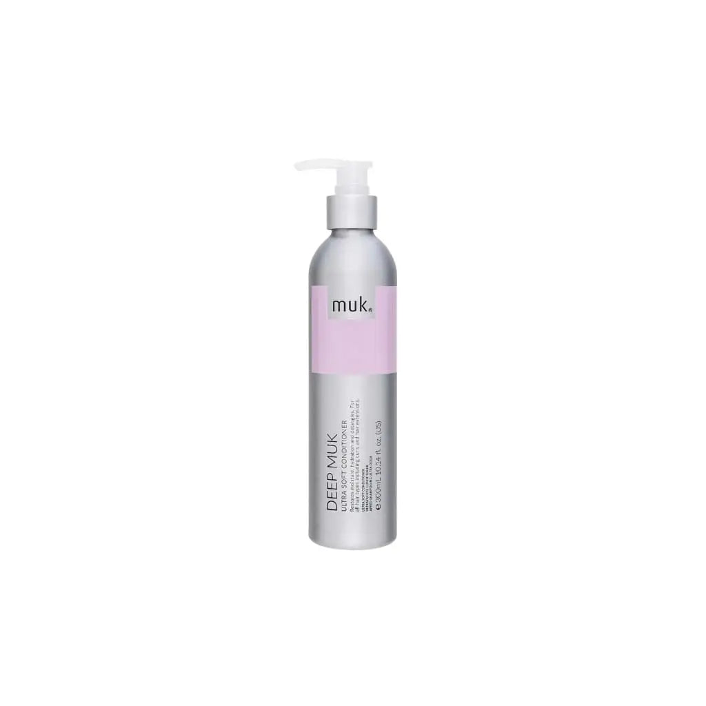 Silver bottle with pink label, labeled ’muk’ and ’DEEP MUK’, of Ultra Soft Conditioner, 300ml