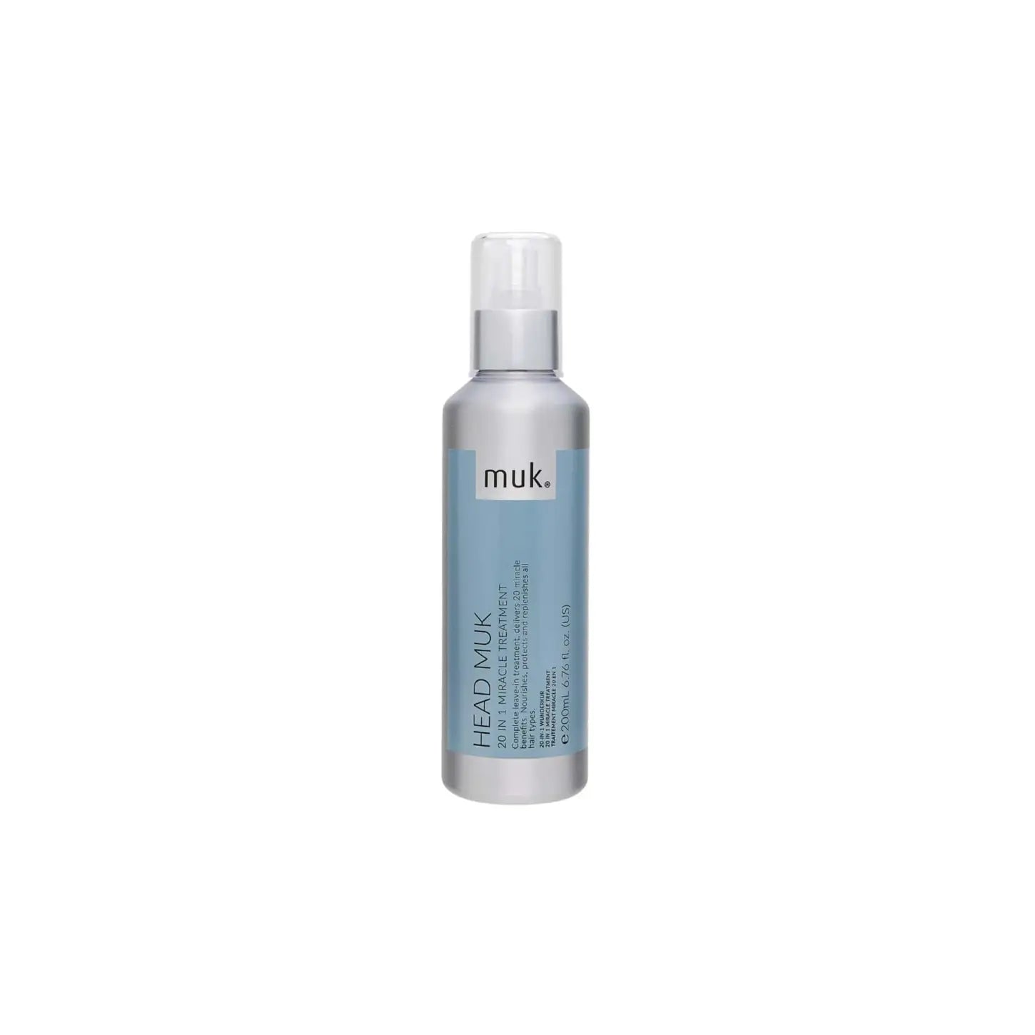 Silver and blue bottle of MUK Head Muk 20 In 1 Miracle Treatment - 200ml hair product