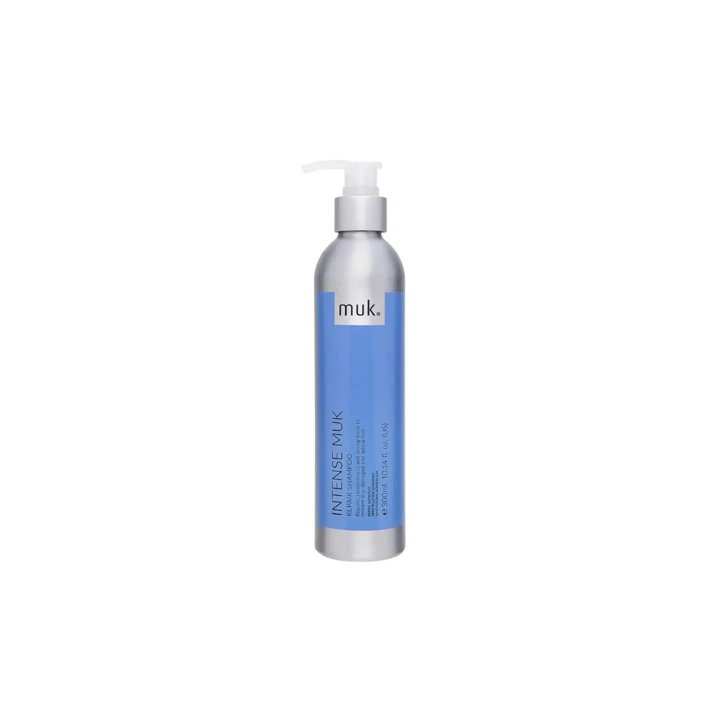 Blue and silver bottle of Intense Muk Repair Shampoo 300ml with pump dispenser and mango fragrance