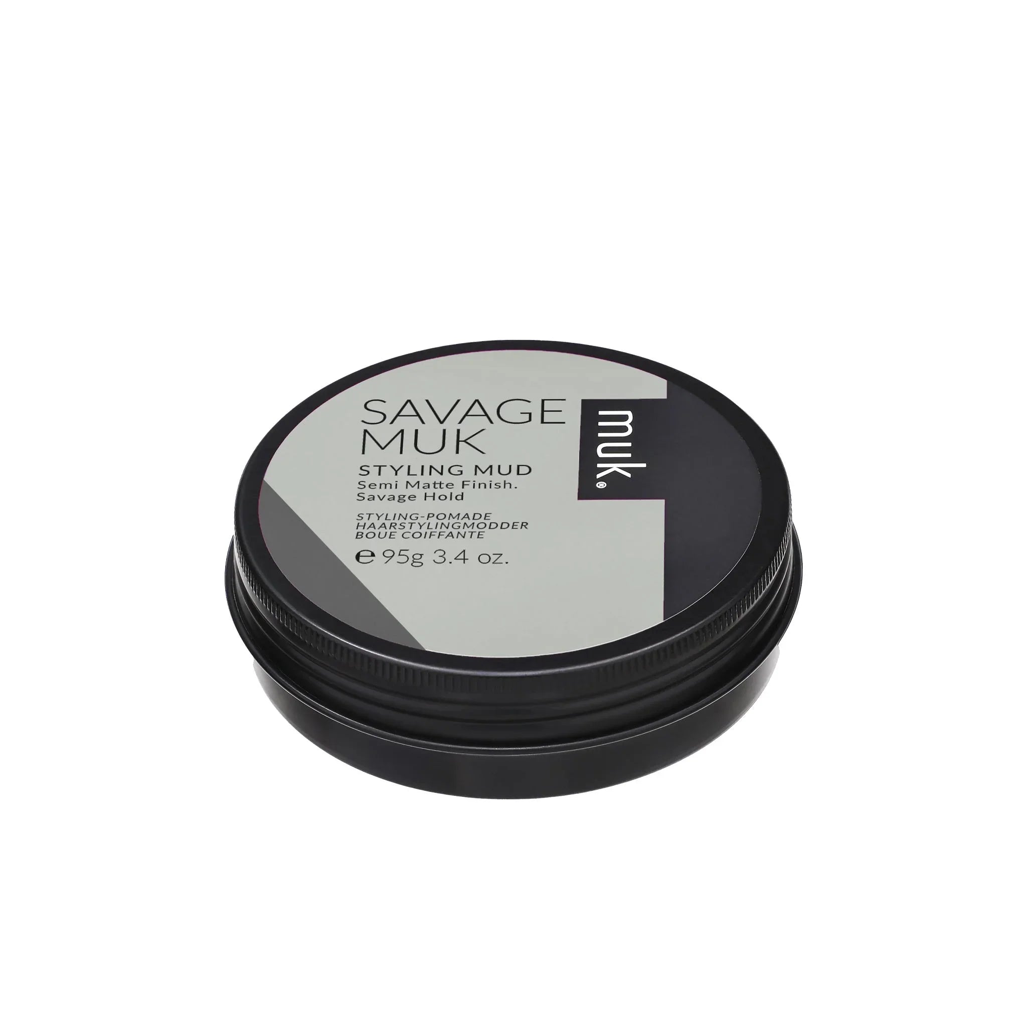 Circular container of MUK Savage Muk Styling Mud – 95g for premium hair styling
