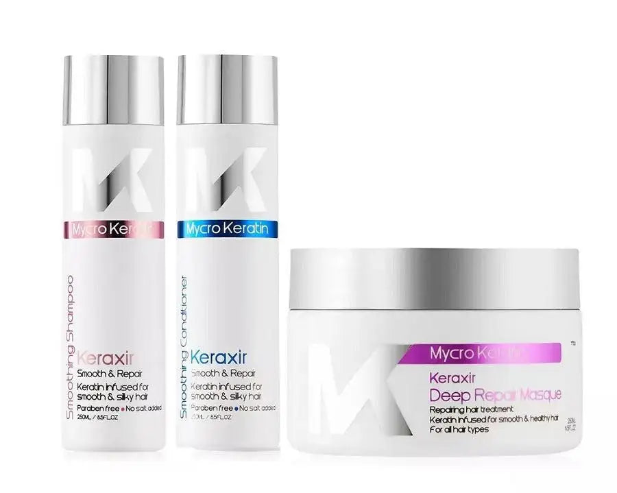 Mycro Keratin Keraxir Trio: Shampoo, Conditioner & Mask. Repair, Smooth, Silky Hair Treatment Bundle