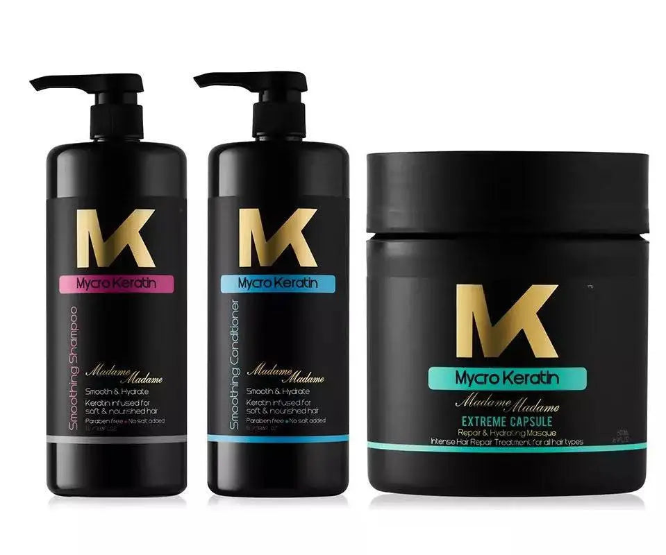 Mycro Keratin Madame Madame Set: Shampoo, Conditioner, Hair Mask. Smoothing, Hydrating hair care bundle. Healthy hair products.