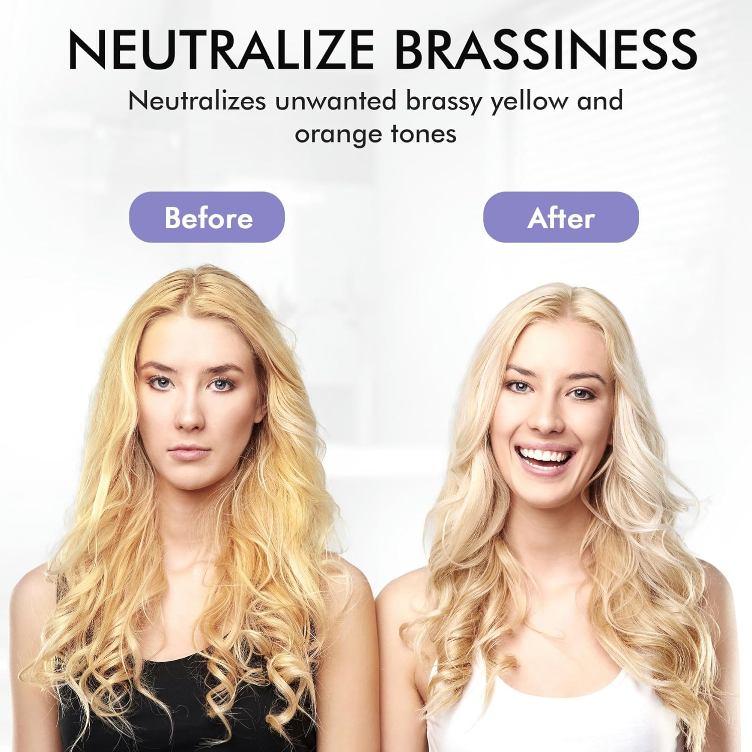 Brassy Blonde Hair Transformation: Before & After Neutralizing Brassy Tones. Achieve a Luminous Blonde with Effective Hair Care.