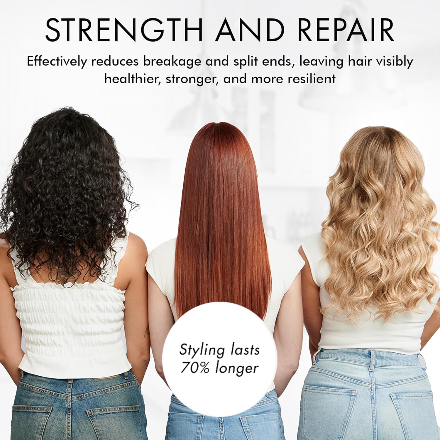 Strength and Repair Hair: Diverse women showcasing healthier hair, less breakage, split ends after using product. Styling lasts 70% longer.